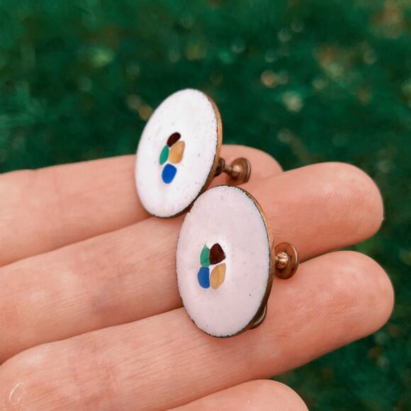 VTG 1950s Screw Back Earrings Enamel Copper Mid Century Modern - Picture 4 of 12